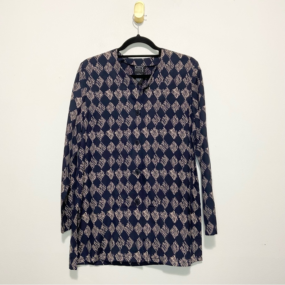 Vintage City Silk Black Cream Checkerboard Scribble Button Down Shirt